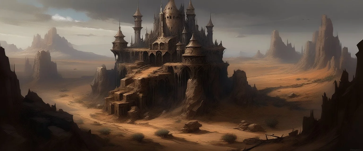 A dark brown castle in a rocky desert painted by Zhang Lu