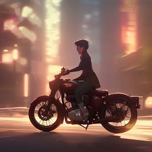 Royal enfield classic 350. City . high speed. bokeh. lens flare. warm lights. Anime . Rain