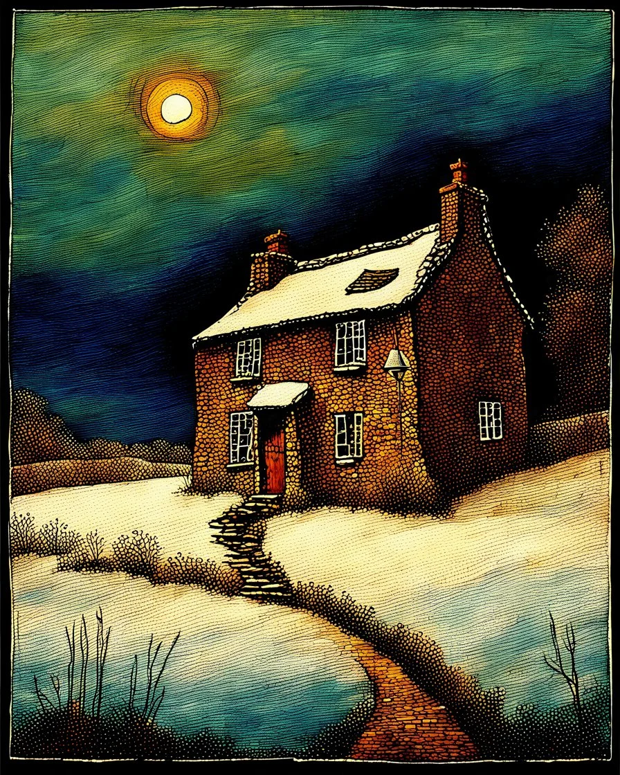 lone old stone cottage with lights on, by Frozen apocalypse " a patchwork art by Jamie heiden, peter doig, Renoir, pol Ledent, endre penovac, Gustave Loiseau, Arthur Rackham, Doug Chinnery, Maud Lewis. inlay, watercolors and ink, beautiful, fantastic view, extremely detailed, intricate, best quality, highest definition, rich colours. intricate beautiful dynamic lighting award winning fantastic view ultra detailed 4K 3D high definition hdr elegant intricate beautiful award winning fantastic view