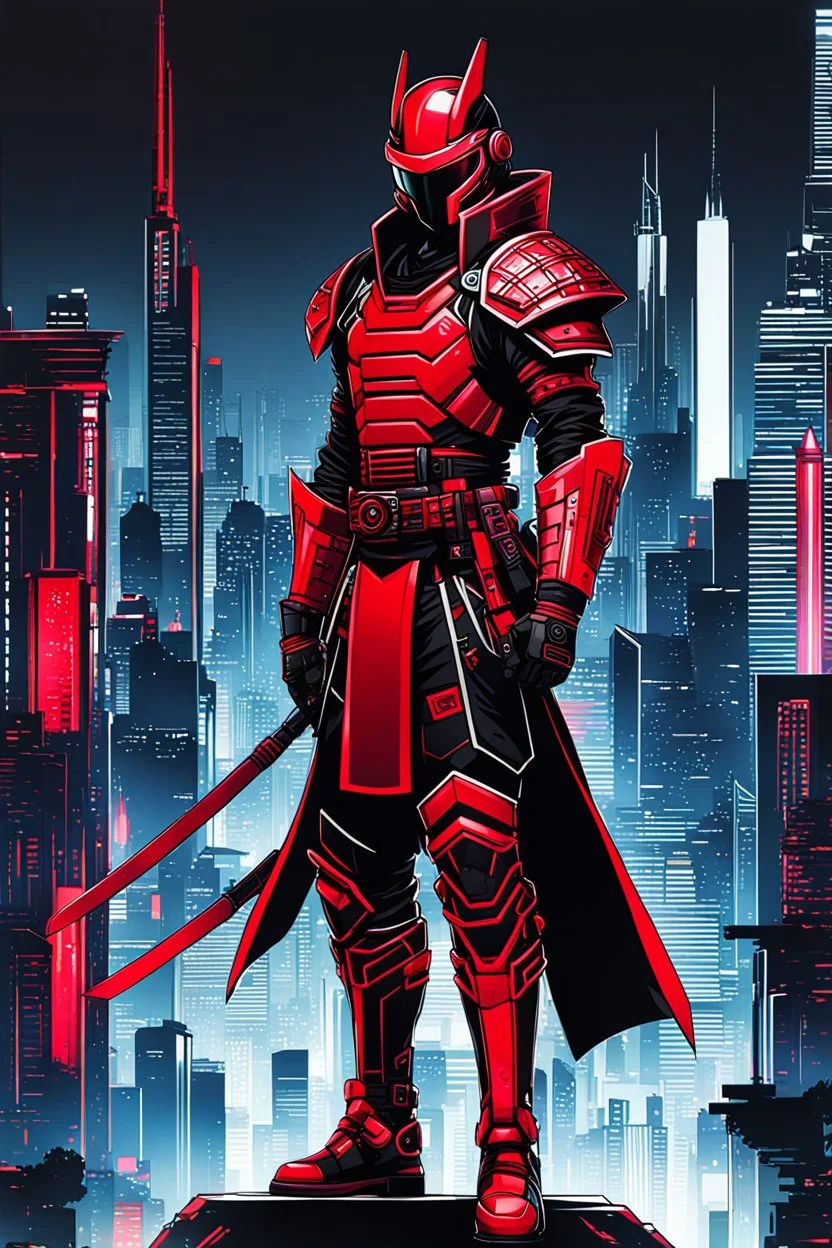 dibujo de contorno de un Samurái negro y rojo con traje cyberpunk, fondo ciudad, full body