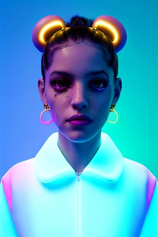 Rosalía, artist, 30 years old, Realistic, waist up portrait. Eyes, make up, glow, circle iris, eye liner. Hair, pigtails. make up, glow. lips, gold. big rings piercing, led ornament, pearls. Coat, smile pin, inflatable latex, cold, led lights, minimal, neon, pink, blue, gold, vibrant color, highly detailed, art stations, concept art, smooth, unreal engine 5, god lights, ray tracing, RTX, lumen lighting, ultra detail, volumetric lighting, 3d, finely drawn, high definition, 4k.