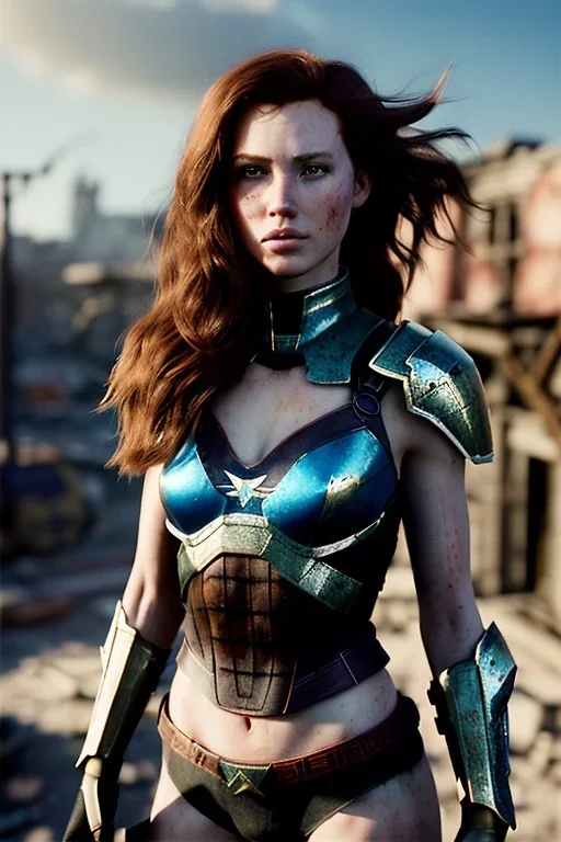 ultrarealistic, ruined city,__skimpy sci-fi armor__, __angles__, 18 year old woman, strikingly beautiful,ginger hair, _colour_, [__starlets__|__starlets__], (pale __skincolor__ skin:1.2), __camera__, _hair_, detailed face and eyes, medium breasts, leather choker, freckles, dynamic pose, resolved expression, __accessory__, strappy outfit, (straps:1.1), sword in scabard on left hip, (buckles, buttons, snaps, rings:1.0), haltertop style breastplate, detailed eyes, plump lips, sci-fi theme