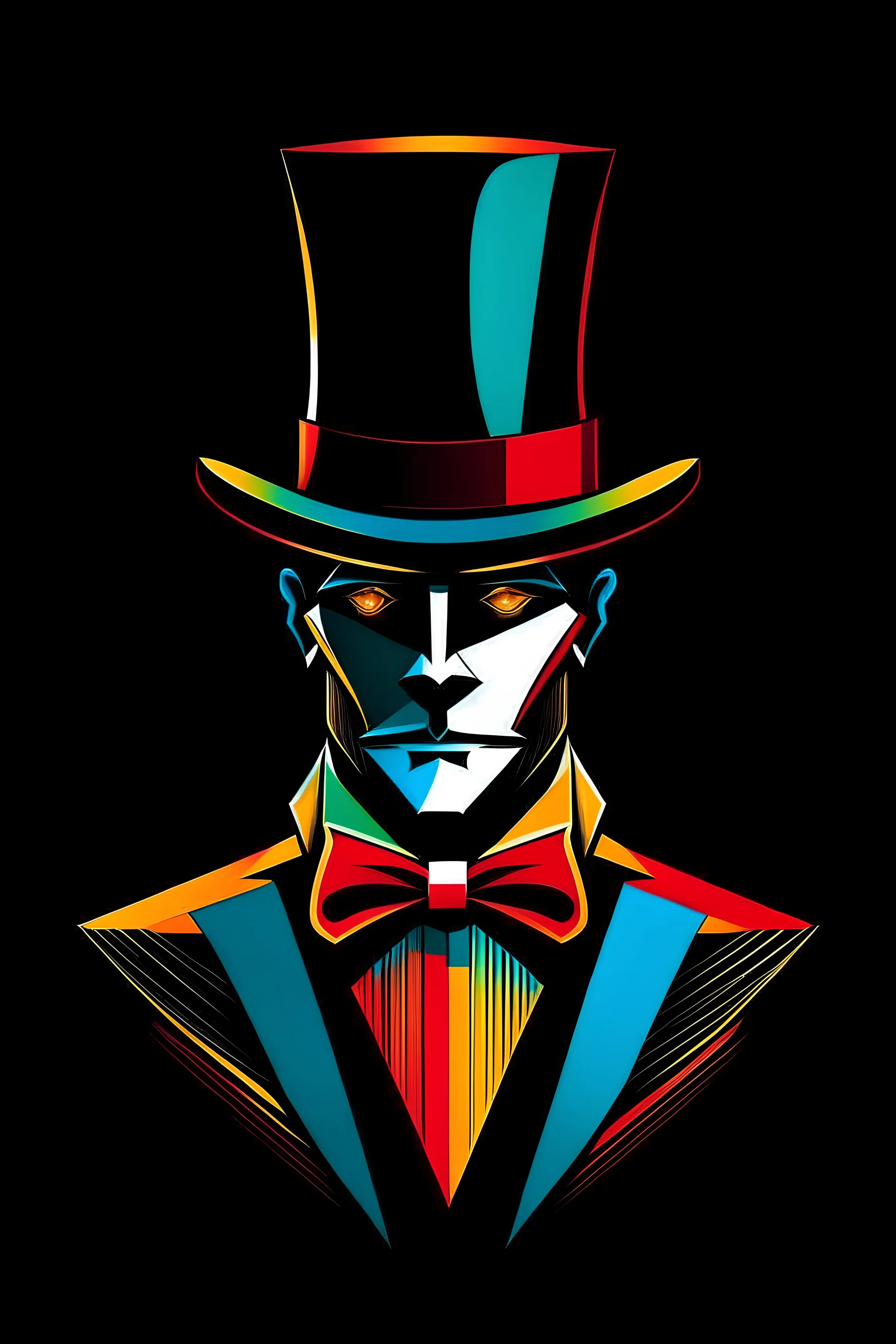 Vector Art, Front View, Ring Master, stylized, top half, half skin, black background, multiple colors