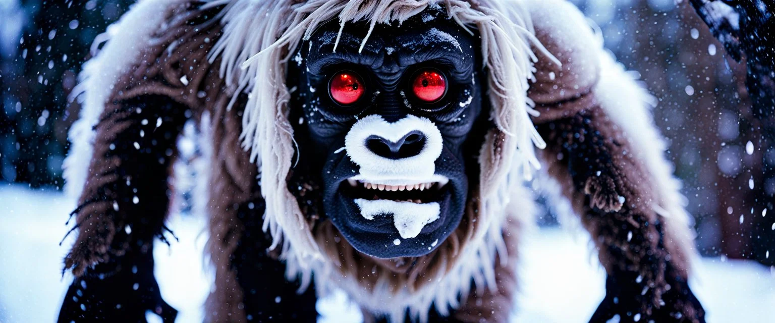 close up documentary photography, Real Yeti, National Geographic, weird, Dystopian, Japanese, Extreme depth of field, bokeh blur, winter, blizzard, Alberta, all-natural, in the style of candid, imperfection, natural lighting, light-focused, Professional shot, shot on Agfa, Fuji Film, Anamorphic lens, 1980s, --ar 4:5 --w 150 --style raw