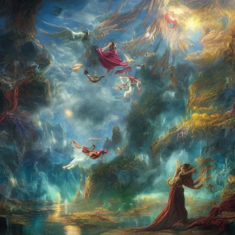 Magical and imaginative fantasy painting from the combination of the works of the world's greatest painters, full HD, 4K, 8K, artistic, full details.