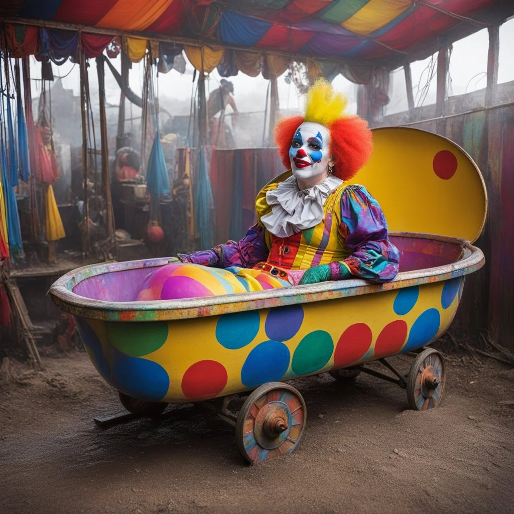 in the wagon bathtub (crazy psychedelic high res photo by Russ Myer) the colourful woman clown take a barh after the show