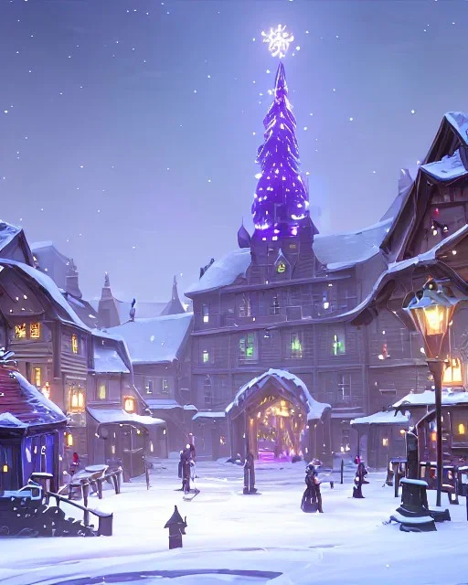 A magical snowy warlock town square with a Christmas tree