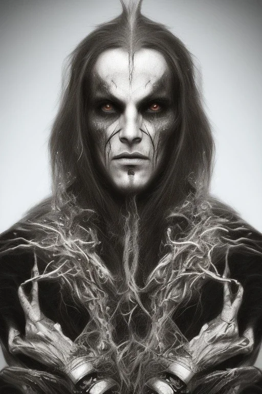 Symmetric portrait of a man with black metal facepaint , looking like Nergal from Behemoth