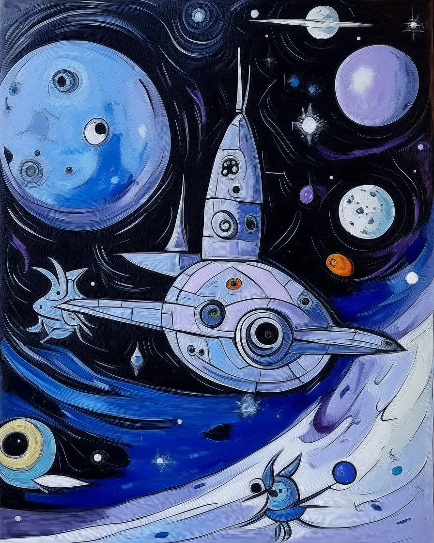 A lavender color space station in a galaxy filled with planets painted by Pablo Picasso