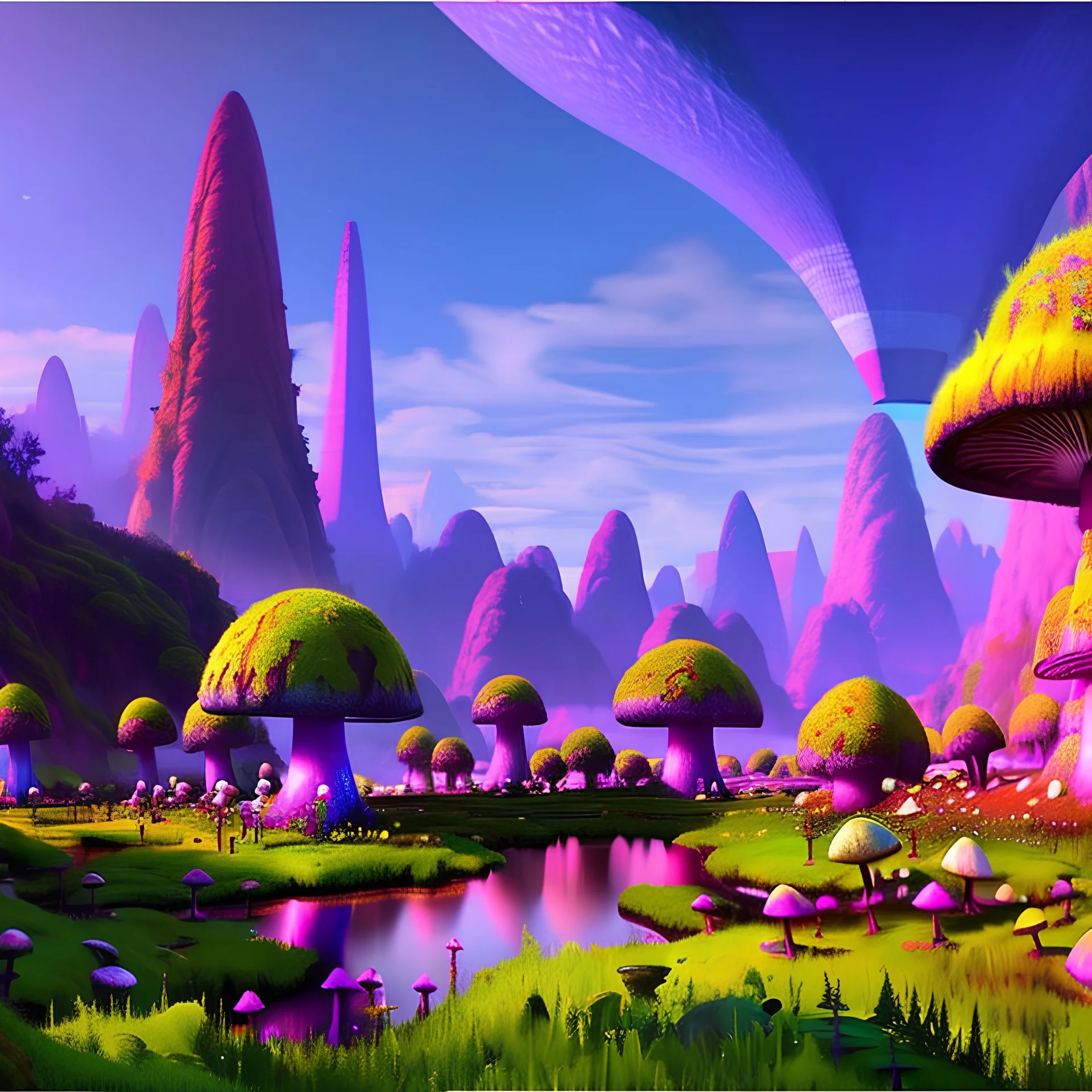 landscape ultra realistic, beautiful, dwarfs in hippie clothes, trippy shiny mushroom city in dark colors, cave