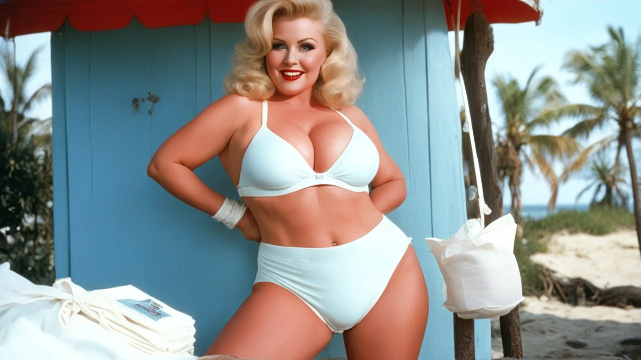 [high res colour photo by Russ Meyer: pull-up thick diapers, seen from bellow] blonde Sally has an idea for a business. She knows that there were incontinent women like herself with large busts out on the beach and she is missing adult ultra thick pull-up diapers with the matching bras. Her concept is to pair diaper designs with bra designs, specifically themed for outdoor wear.
