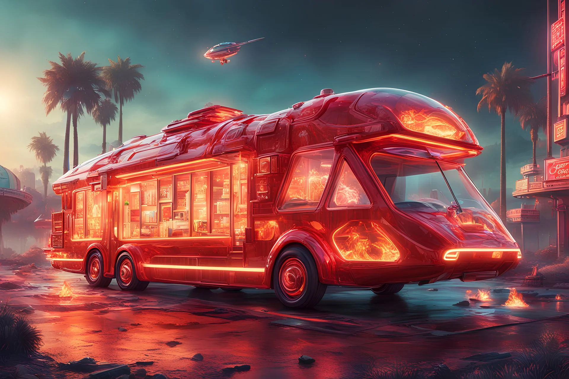 by Beeple and Vincent di Fate, Futuristic crystal Clear glass food truck shaped like a firetruck, spacecraft "5 Alarm Chili" food hovercraft theme, surreal fantastical otherworldly vehicle with the side open with an ordering window and food bar, elaborate, vibrant, fantastical hyperrealistic, maximalist, insanely detailed, concept art, nighttime, "5 ALARM CHILI" logo,