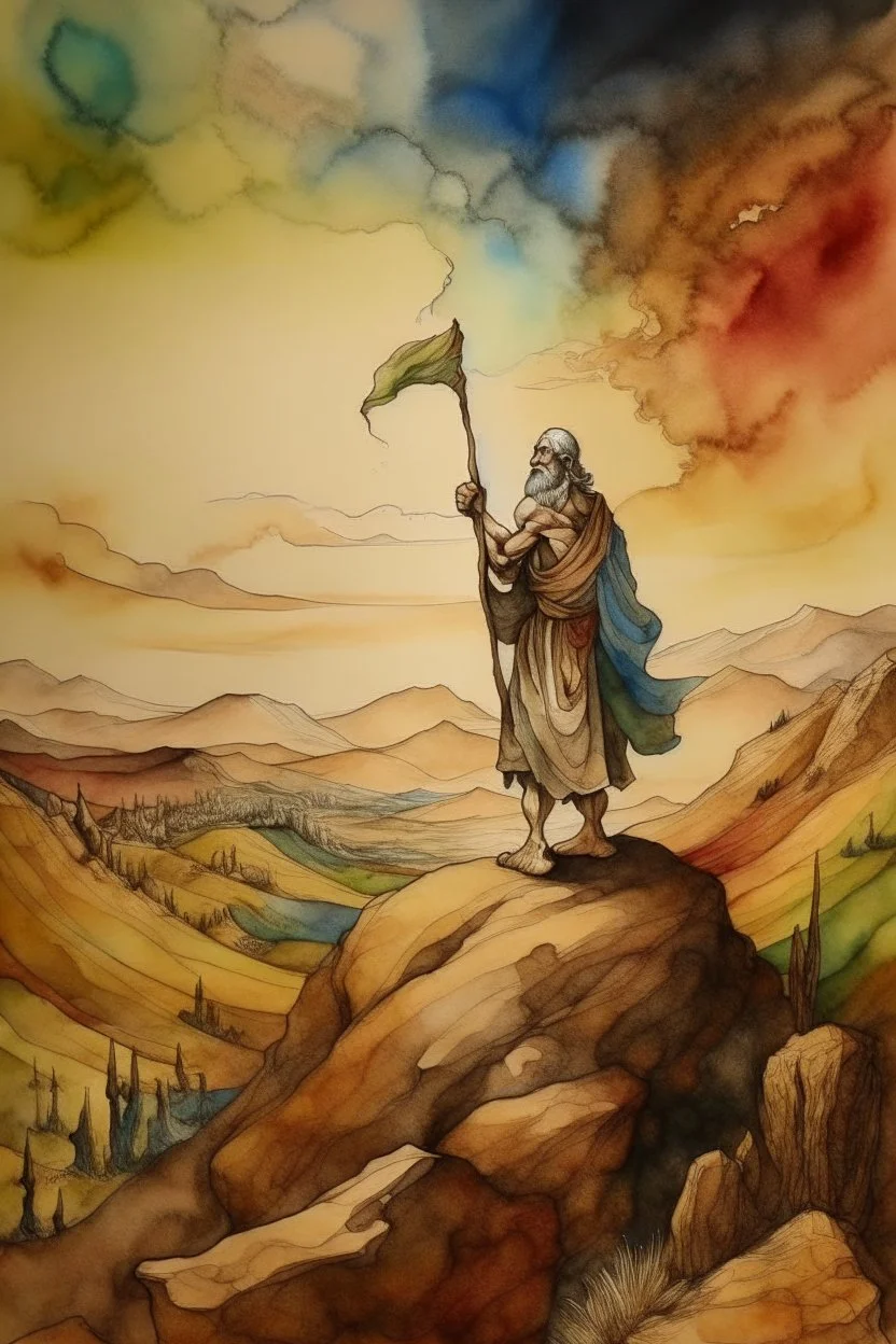 Moses stands on a mountain and holds a wooden staff, at his feet are fragments of stone tablets on which the 10 commandments were written, and below is a valley with the cities of Palestine of sands, tents and mountains. There is a silhouette of God in the sky. Everything is painted in watercolor