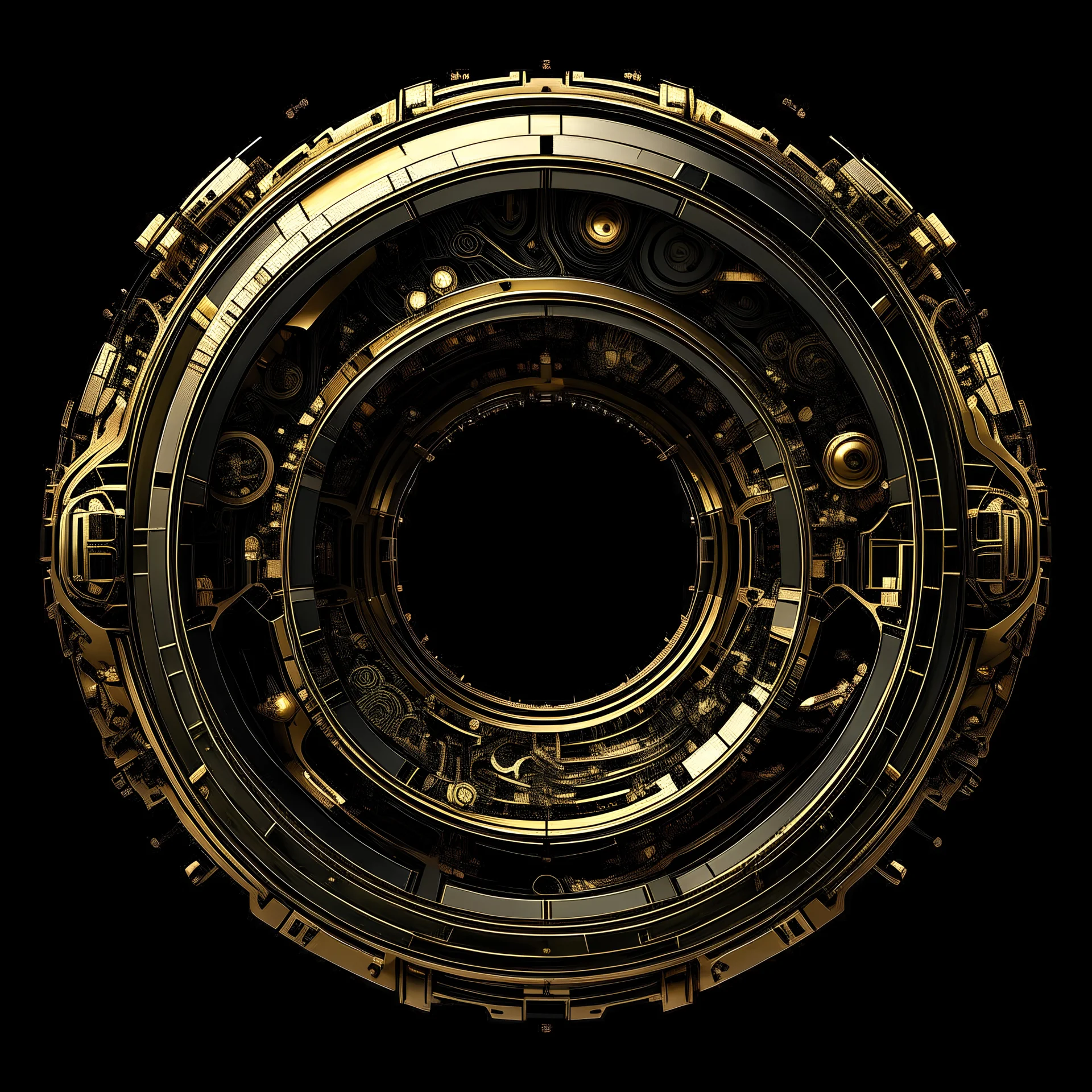 create me a thin round, ornate golden ring. mechanical cyberpunk style. background should be #000000 full black. no face should be visible. its just the rim. the middle should contain the letter H