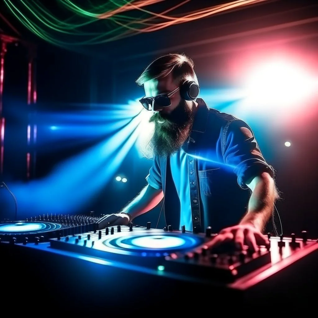 Dance hall ,dj play ,laser lights, l, beard DJ play music with DJ desk,smoke