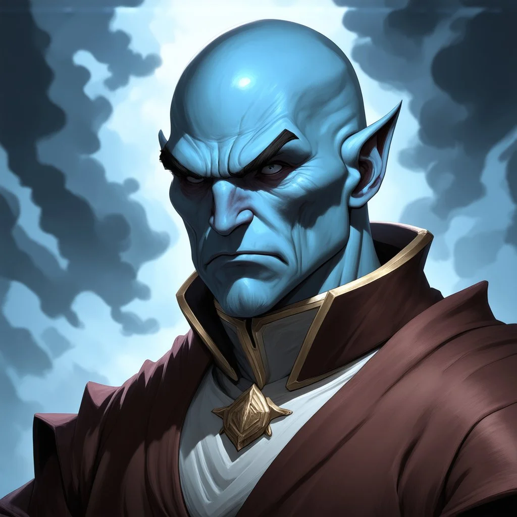 dnd, fantasy, cloud giant, portrait, face, close up, pale blue skin, clean shaven, bald, young, ascended, elegant, elegant clothes