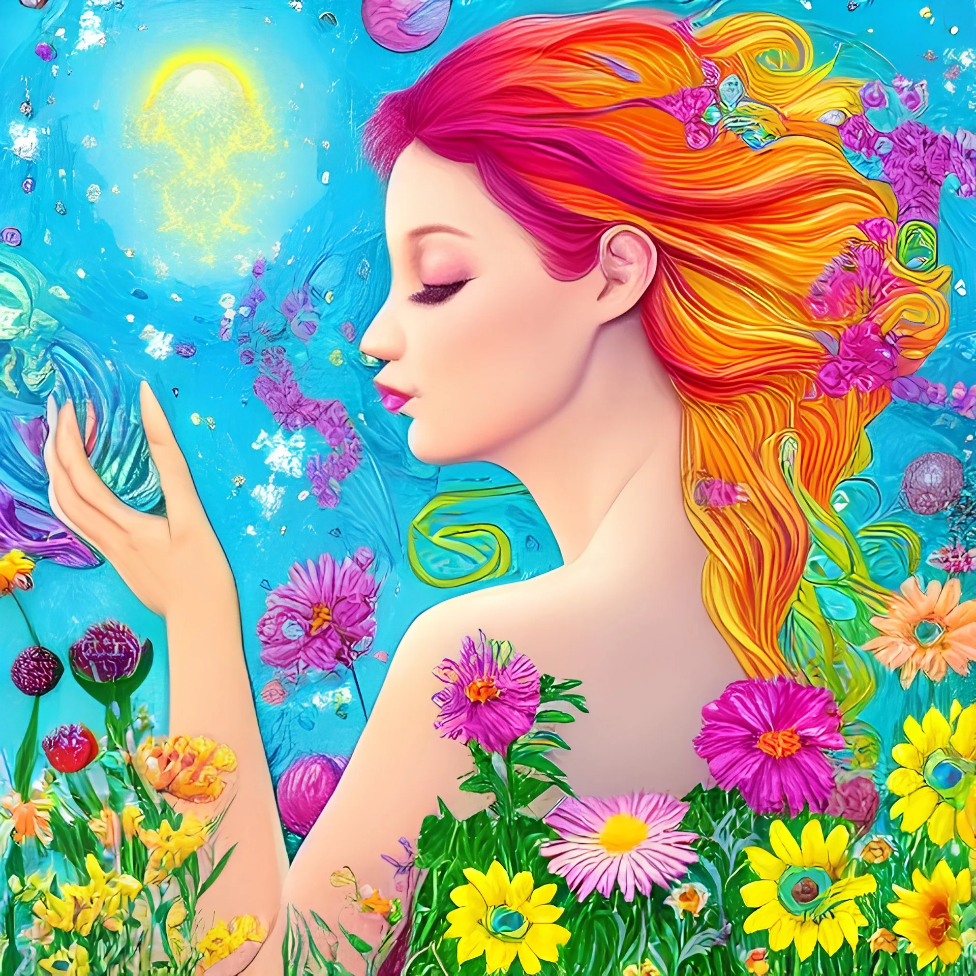 bright fairy, beautiful portrait, flowery landscape, cosmic atmosphere, perfect composition, 8k, super detailed, delicate flowers, complementary colours, intricate details