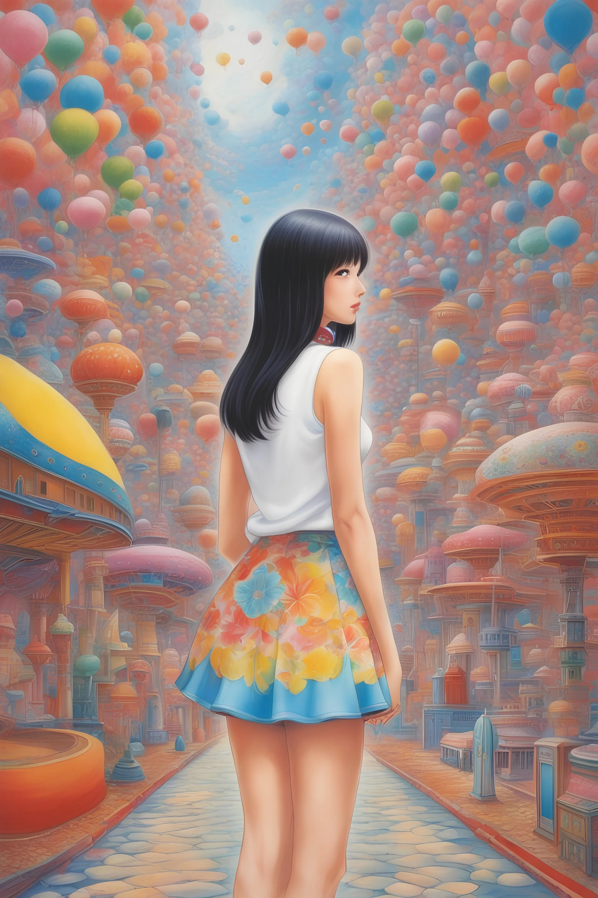 Akiko Higashimura, Kenny Scharf, Surreal, mysterious, strange, fantastical, fantasy, Sci-fi, Japanese anime, amusement park in the palm of your hand, beautiful girl in miniskirt, perfect voluminous body, detailed masterpiece