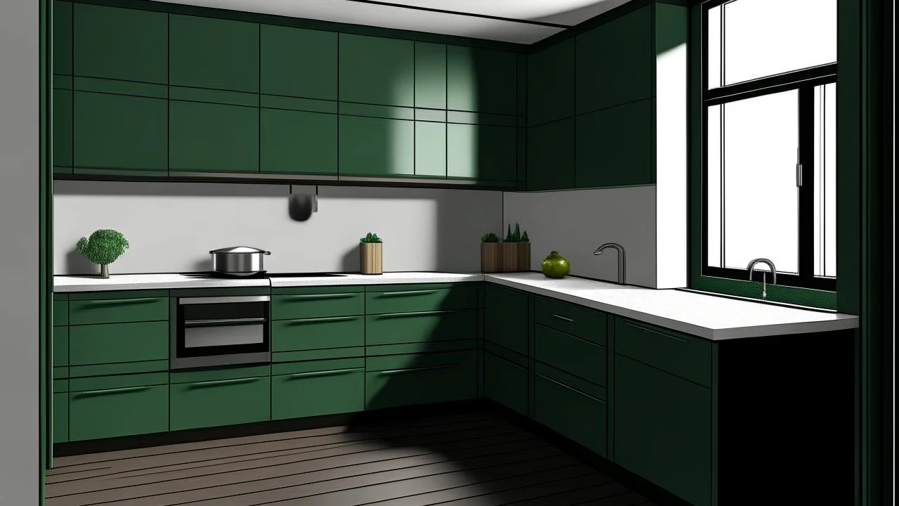 kitchen with dark green furniture, on the left side by the window from the bottom up, a microwave and an oven installed in the furniture, and on the right side and next to it an induction hob and a cooker hood above it, on the right side there is a sink and a dishwasher underneath it