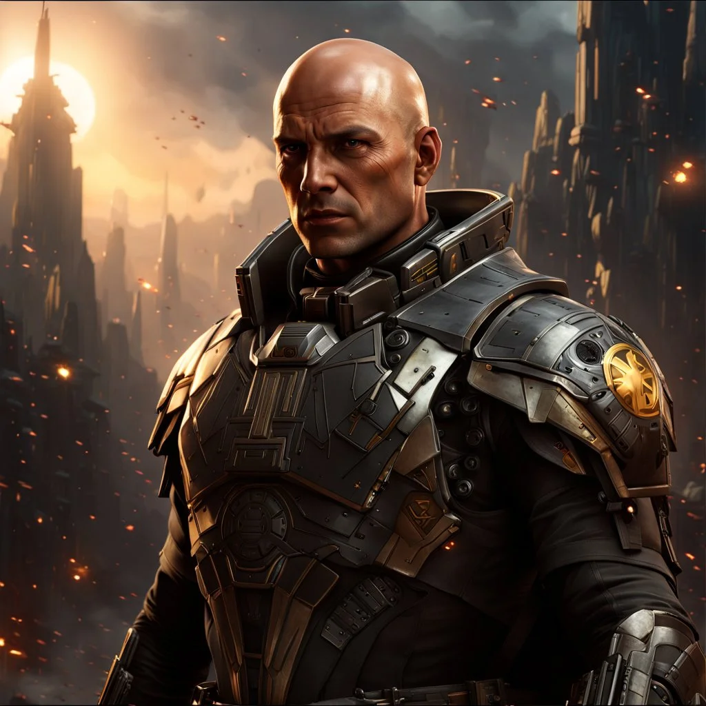 star wars bald male corellian pilot wearing pearlescent black and gunmetal grey First Order special forces heavy assault stealth commando armor and helmet with gold trim inside the jedi temple, hyperdetailed, dynamic lighting, hyperdetailed background, 8k resolution, volumetric lighting, light skin, fully symmetric details