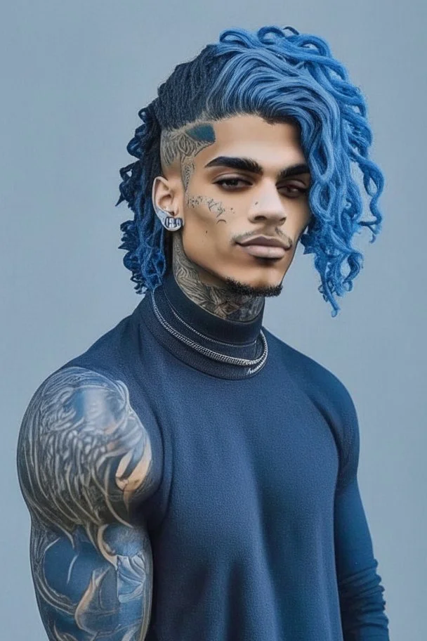 longish blue wavy hair, brown skin, grey eyes, tattoos, black turtle neck clothing