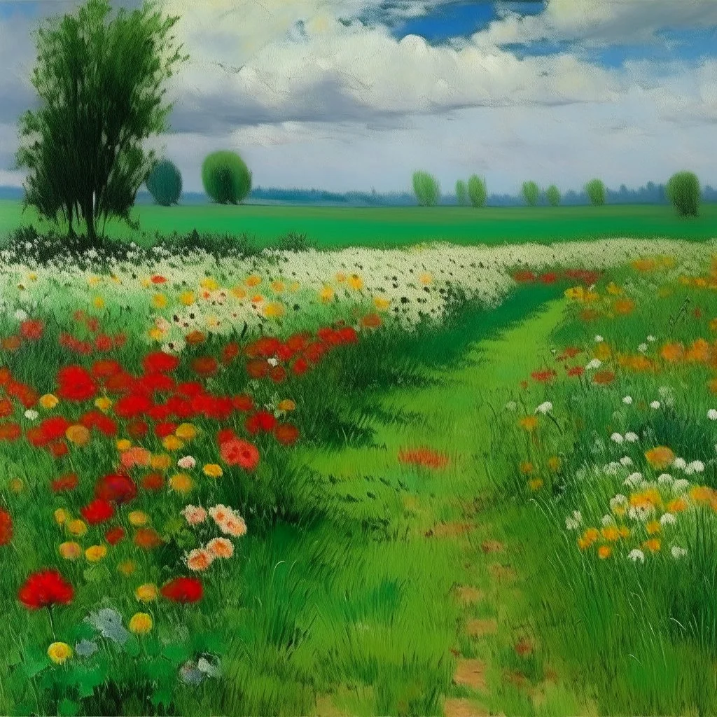 A green fields with flowers painted by Claude Monet