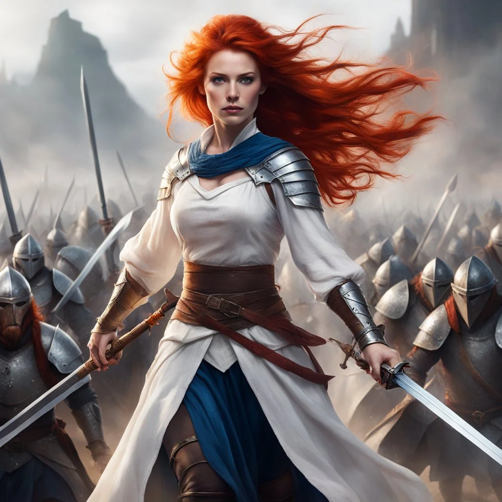 In the midst of the battlefield, a medieval redhead maiden stands tall and fierce, her fiery locks flowing in the wind as she faces off against a horde of bluish orcs. Clad in a simple yet elegant white long shirt that billows around her, she grips a longsword with determination and courage.