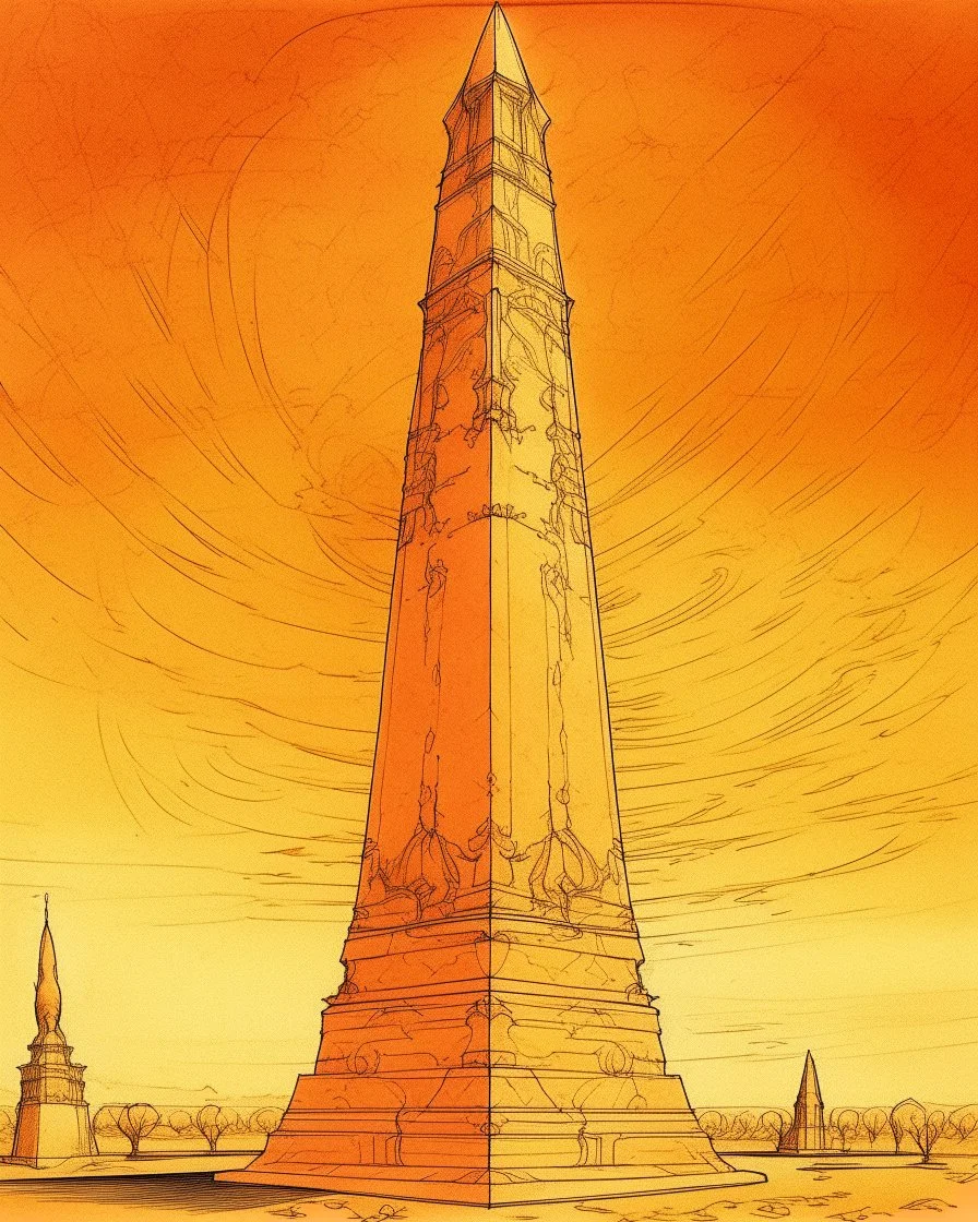 A light rosy orange colored sun obelisk painted by Leonardo da Vinci