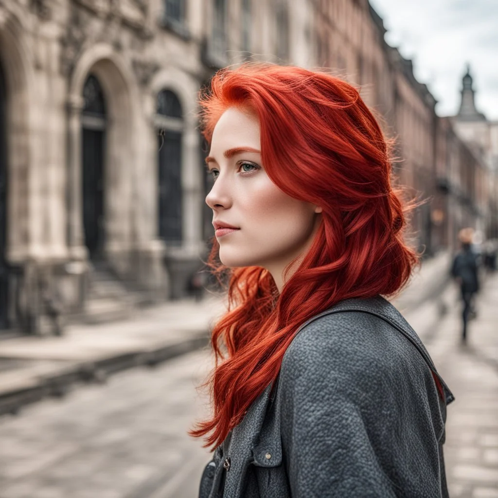 a girl with bright red hair, looking over her shoulder, walking along a bust street