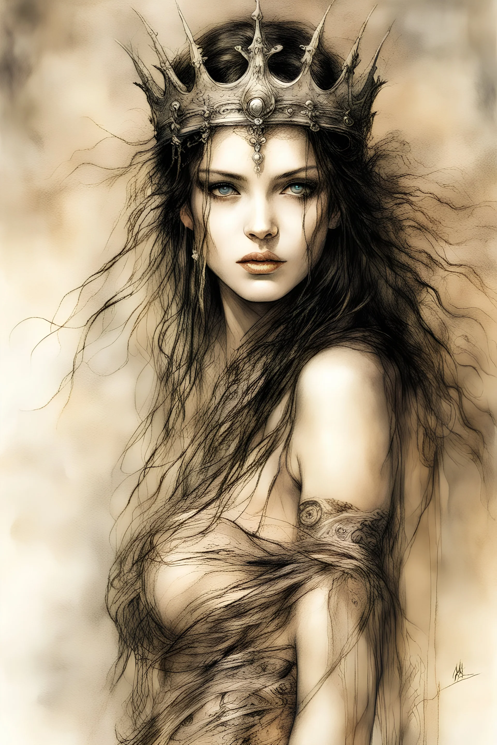 Hyper-photorealistic watercolor art style by Luis Royo, Surreal fine art etching of a figure by Luis Royo, tanned skin inscribed with the transient story of mortality, ethereal light playing with its form whispering tales of an eternal realm, eyes, black as the depths of the night, ardently pinand looking towards the endless skies, a crown of black hair mirroring the mystery of the cosmos around, whole scene tinged with an ethereal softness from volumetric lighting, hues gr, Mysterious