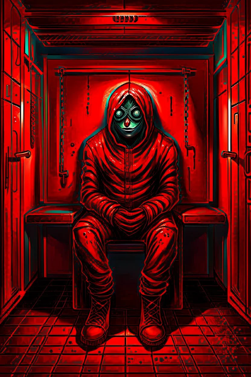 A scary gothic person sits quietly in the middle of a soundproof, padded room conveying intense dramatic emotions in a muted environment, wearing a bright red straitjacket , a mask to cover the mouth area of cannibal evil scary, dark and gothic look, cold eyes, eary ultra detailed,.32k, digital art style with messy paint, hardened sealer appearance, impasto, dramatic Arial view with explosive chaotic background