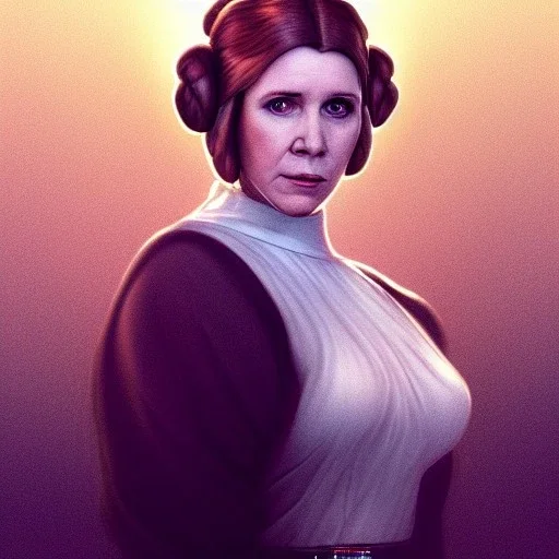 low angle beautiful half-body-portrait photo of princess leia from Star Wars played by Carrie Fisher, in the style of horizon zero dawn wlop, artgerm, akihiko yoshida, and liang xing, detailed face, doe eyes, intricate hair style, symmetrical eyes, trending on artstation, highly detailed, white dress, dynamic pose, intricate outfit, futuristic weapon, space ship and galaxy background