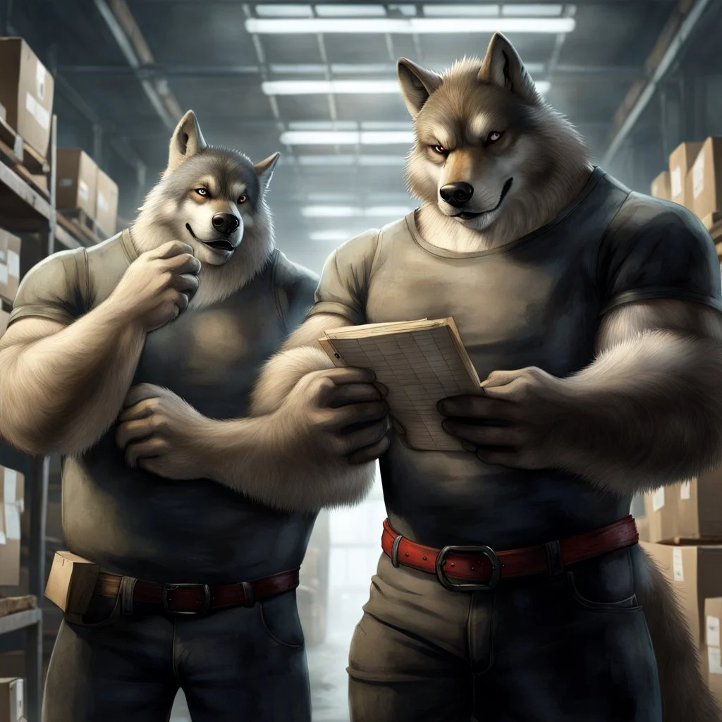 a chubby anthropomorphic wolf-man wearing t-shirt pants and red belt around his waist looking at several item lists in his paws in a large warehouse, around some boxes and wooden crate, an another anthropomorphic wolf-man just half visible in the doorway as he looks at him, detailed, realistic, sci-fi, anthro mood, fantasy