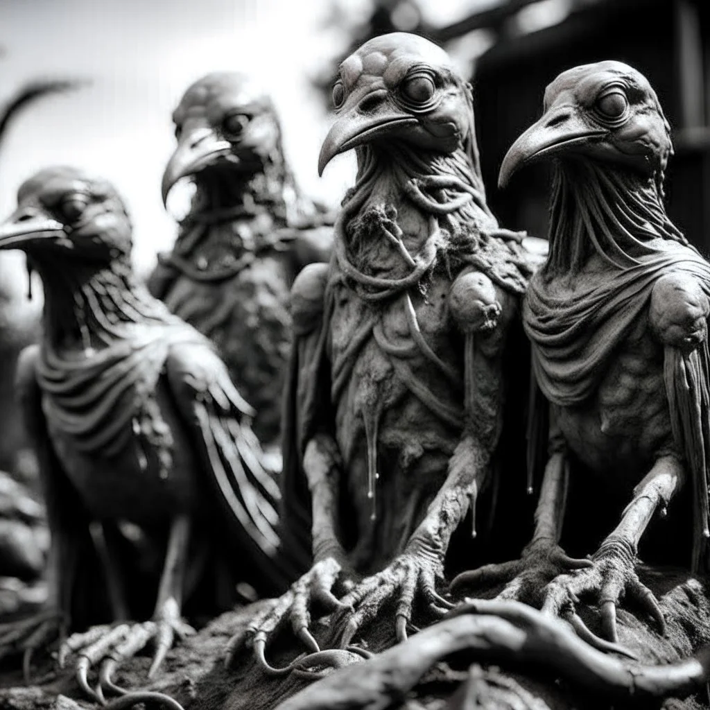 a statuette of a rotting bird people cult greyscale photo