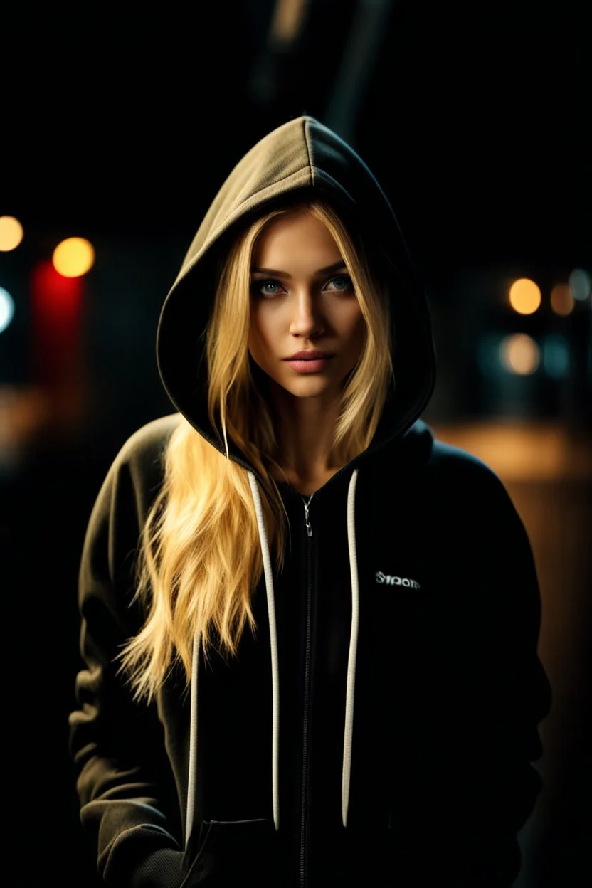 portrait of a 20 year old womann with blond hair, wearing a hoodie. photorealistic.4k