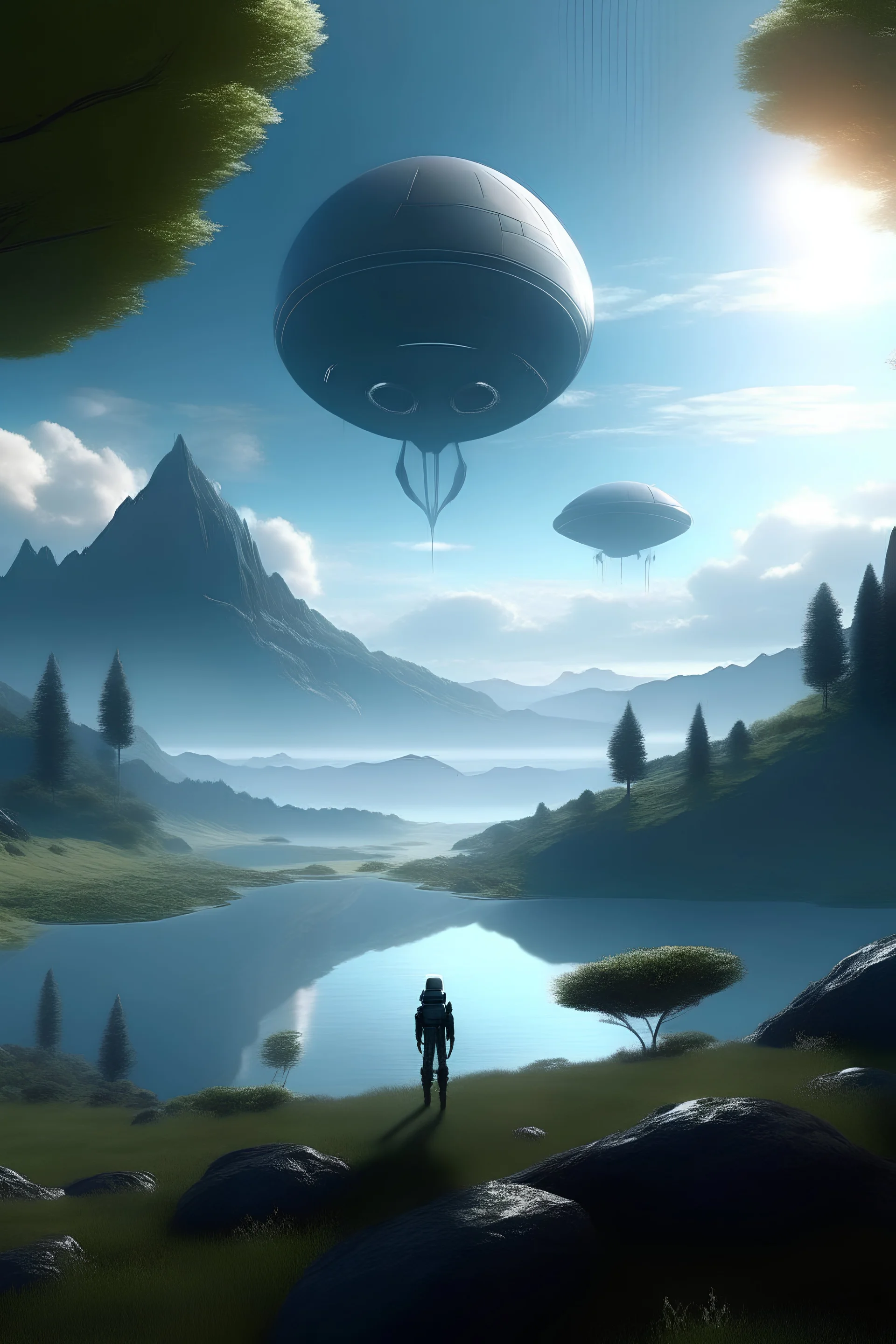 serene landscape with humanoid and spacecraft