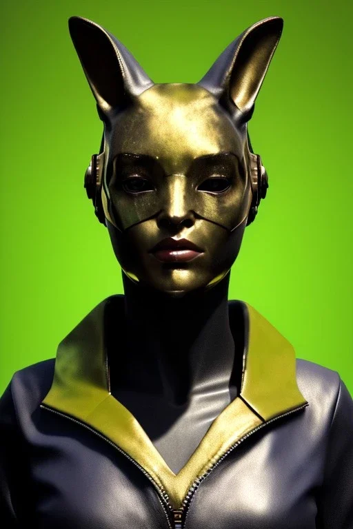 Medium Close Up Portrait, Front image. cyberpunk, rabbit mask, sweet woman, gold hair. Leather suit army. Yellow, black, green, color. Retro style. Color background, photo studio. Avatar image, highly detailed, concept art, smooth, unreal engine 5, ray tracing, RTX, lumen lighting, ultra detail, volumetric lighting, 3d, finely drawn, high definition, high resolution.