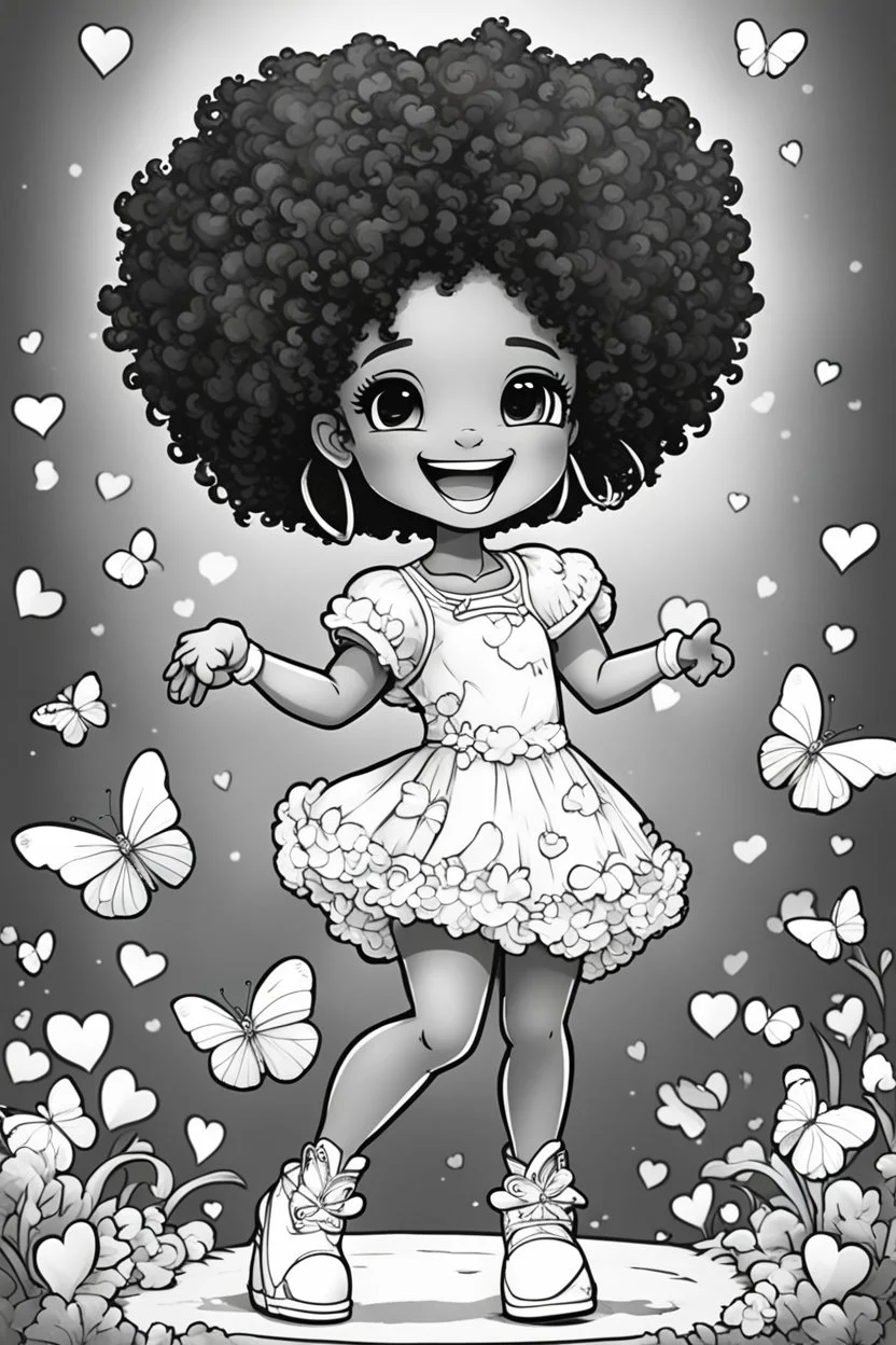 create a coloring page of a chibi girl with a curly afro ponytails dancing around hearts and butterflies. she smiles while shes playing with her puppy, black and white