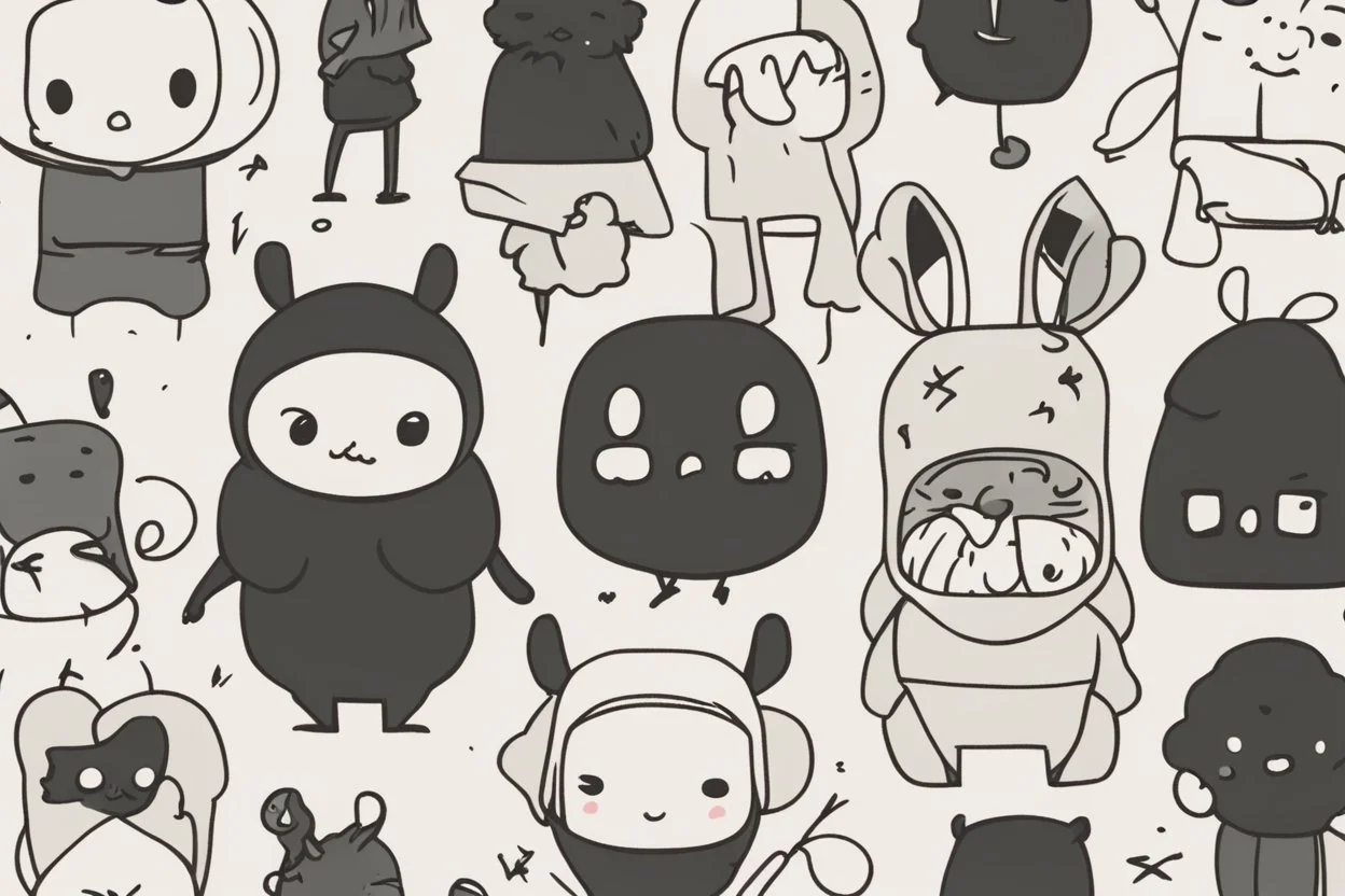 6 simple shaped hand drawn cartoon characters that are cute dark and have hoodies