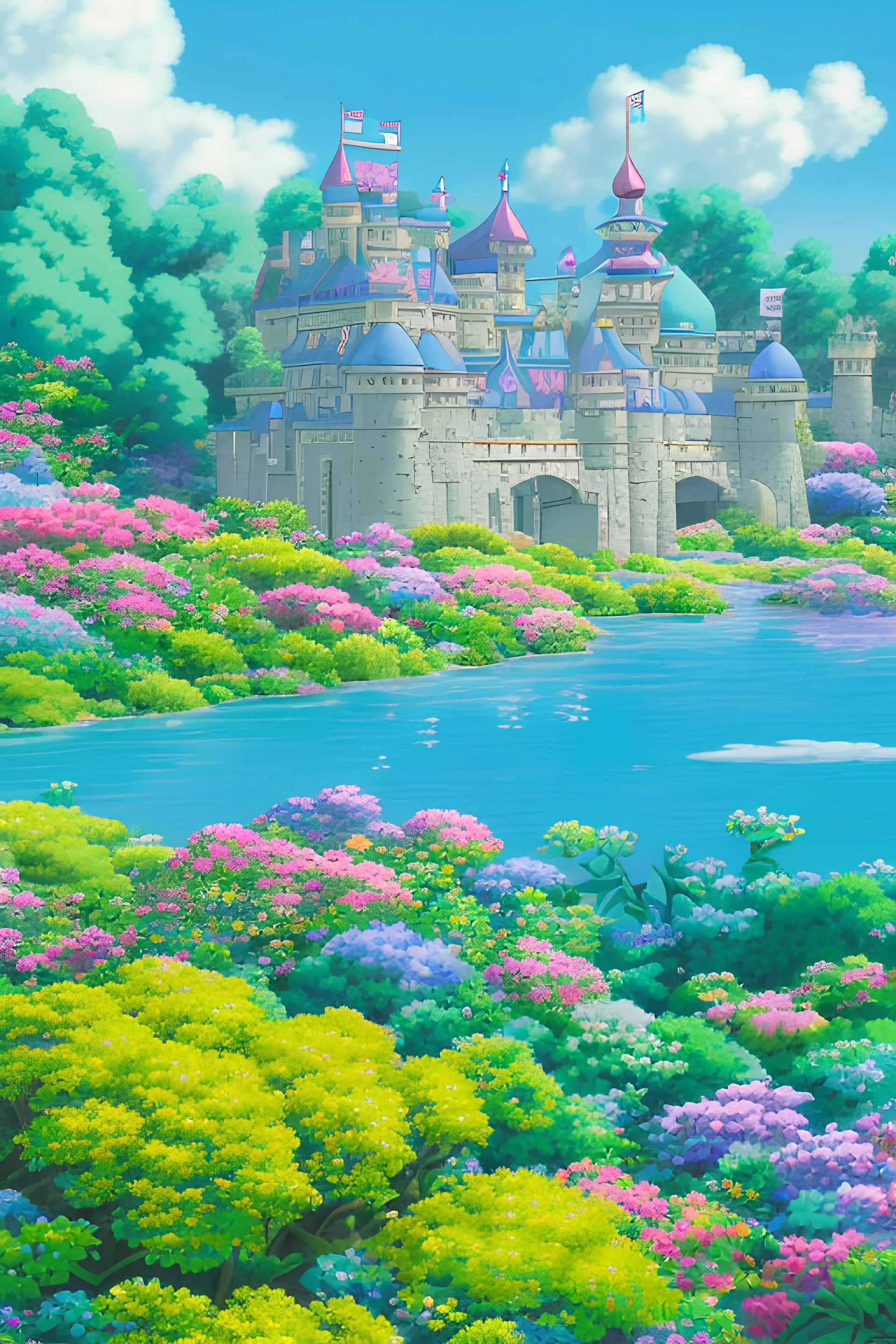 castle, fantasy land, unicorn, Beautiful , deesse, flower border, flowers, happy cosmic, bright colors,, very blue, pink, gold, jewels, realistic, photo real, clear smiling background, beautiful highly detailed, high contrast, high definition, unreal engine 5, extremely sharp detail, light effect, sunny light background