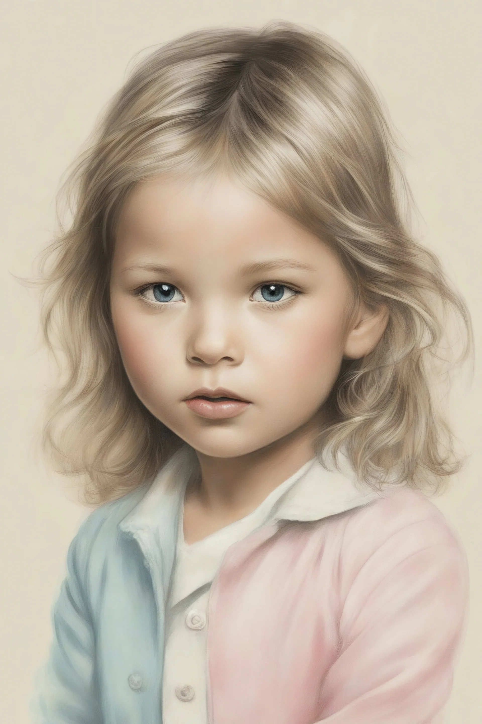 Illustration of kate moss as a toddler, style of Marcel Marlier, pastel colors
