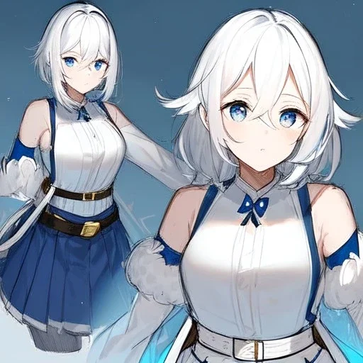 Clear focus, High resolution, rough line sketch art, short fluffy white hair, hair between eyes, fluffy hair, blue eyes, wearing a sleeveless shirt, wearing a a pleated skirt , detailed outfit, lots of details, bow on belt, white belt, white and blue everywhere on outfit, cut sleeve, yellow chains around outfit, concept art