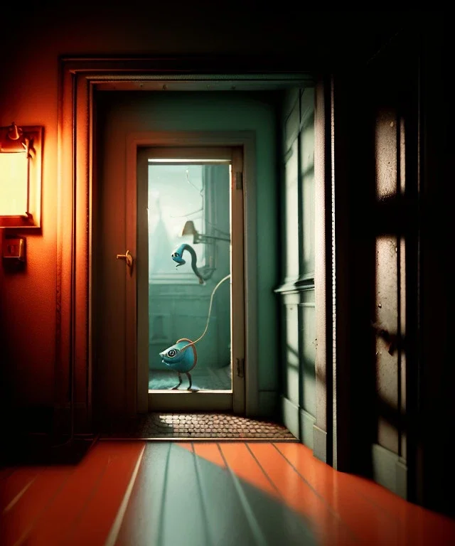 Wes Anderson photographer, night, monster peeking behind the ajar door, Ultra realistic, punk style, wide angle view, soft color, highly detailed, unreal engine 5, ray tracing, RTX, lumen lighting, ultra detail, volumetric lighting, 3d, finely drawn, high definition.