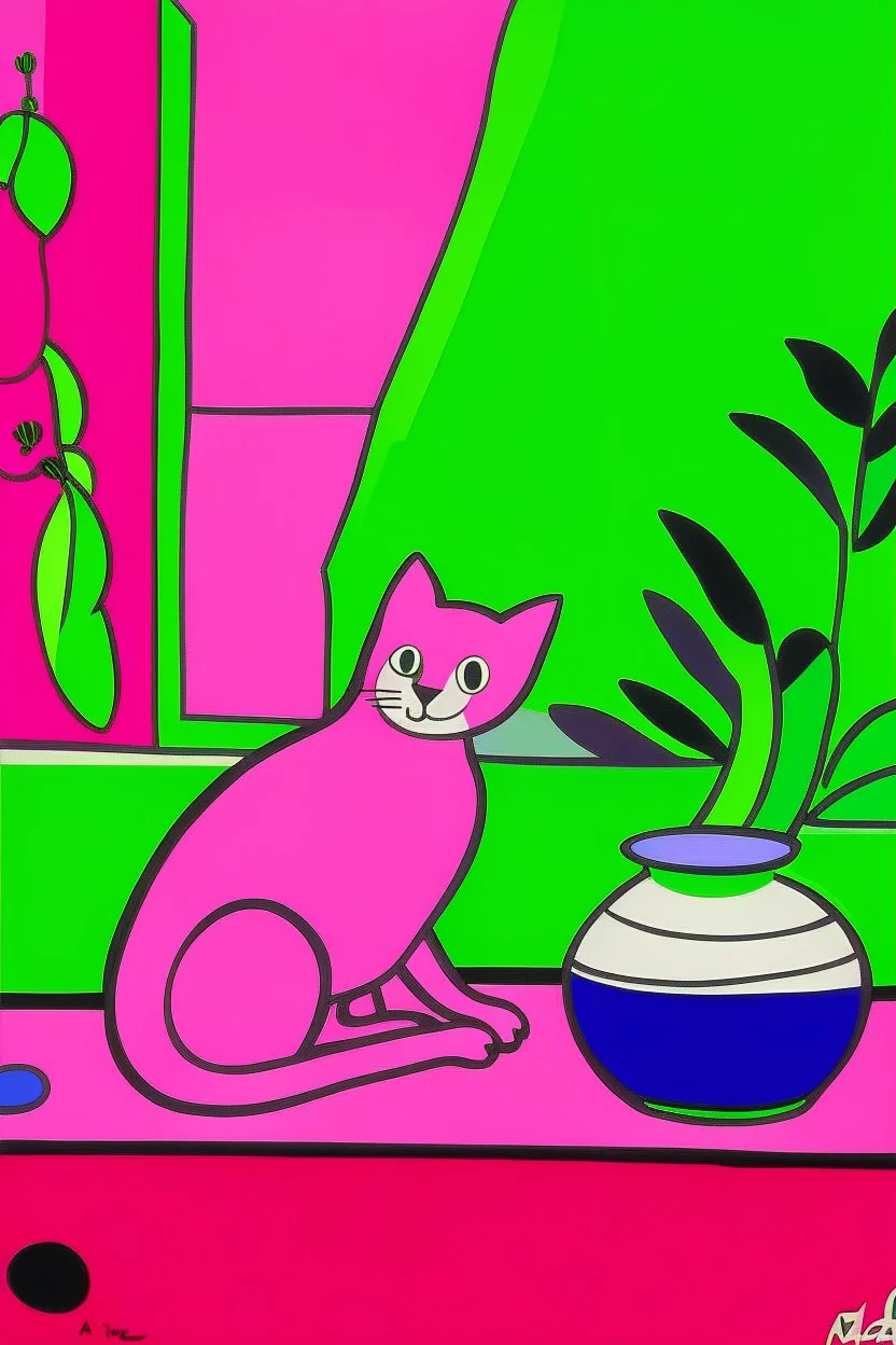 henri matisse. Cat, coffee. Colors: pink, purple, greens