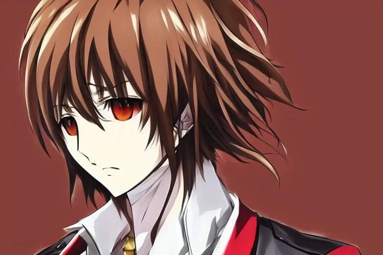 Detailed pretty anime boy, brown hair with blonde strips, keep head in frame, headshot, glaring, brown eyes, covered in bandages, looking serious, illustration, digital painting, only one character, color scheme red, wearing many bandages, Osamu Dazai inspired, anime inspired, manga, dazai, red hair, Chuuya, pretty, scruffy, angry, brooding, manga inspired, small nose, long lower eyelashes, handsome, widows peak, headshot, glaring, cute, wearing a bandage on neck, small nose, scruffy hair