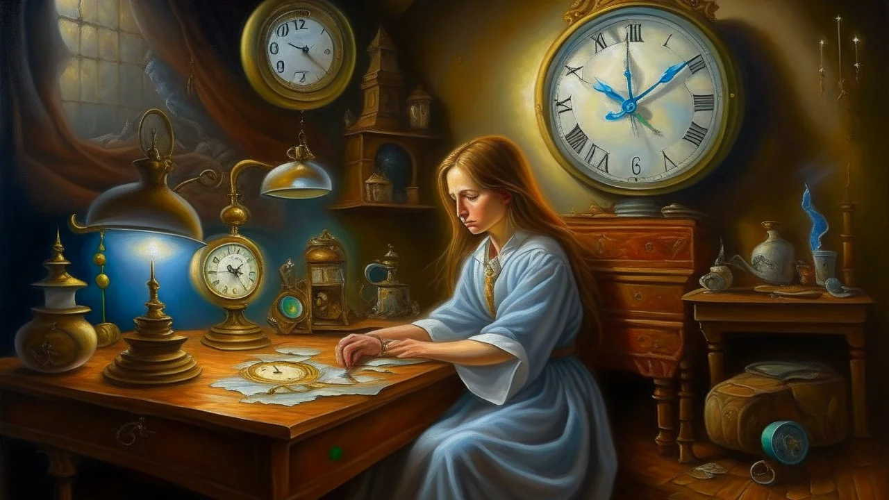 A surrealistic oil painting depicting a sleepwalking watchmaker angel crafting timepieces in her dreams