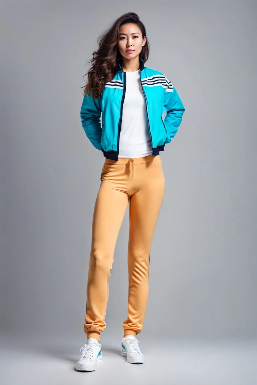 a cute full body shot of adult lady wearing sport pants and jacket standing