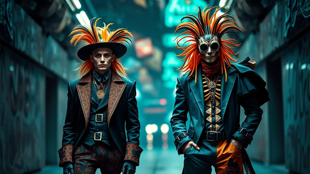 Nikon D850 with AF-S NIKKOR 24-70mm f/2.8E ED VR lens at f/5.6: [Two innovative friendly individuals wearing strange, suave, wild, beautiful, fantasy fashionable clothing] in a [parallel universe], showcasing [full-height figures from head to foot with intricate details], [vibrant colors and deep shadows], creating [a surreal and captivating atmosphere with precise textures and anatomy]. focus peaking enabled, Nikon Picture Control with enhanced color grading.