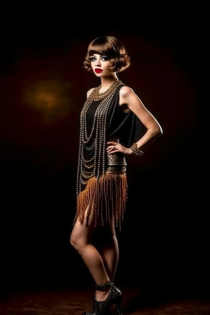 Full Body, slim burlesque Woman looking to the right, With A Bob With A Fringe Hairstyle, 1920s Clothing, Steampunk