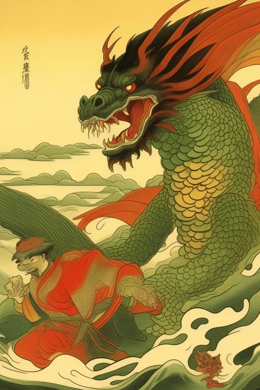 art from japanese style 1900 movie, dragon monster man